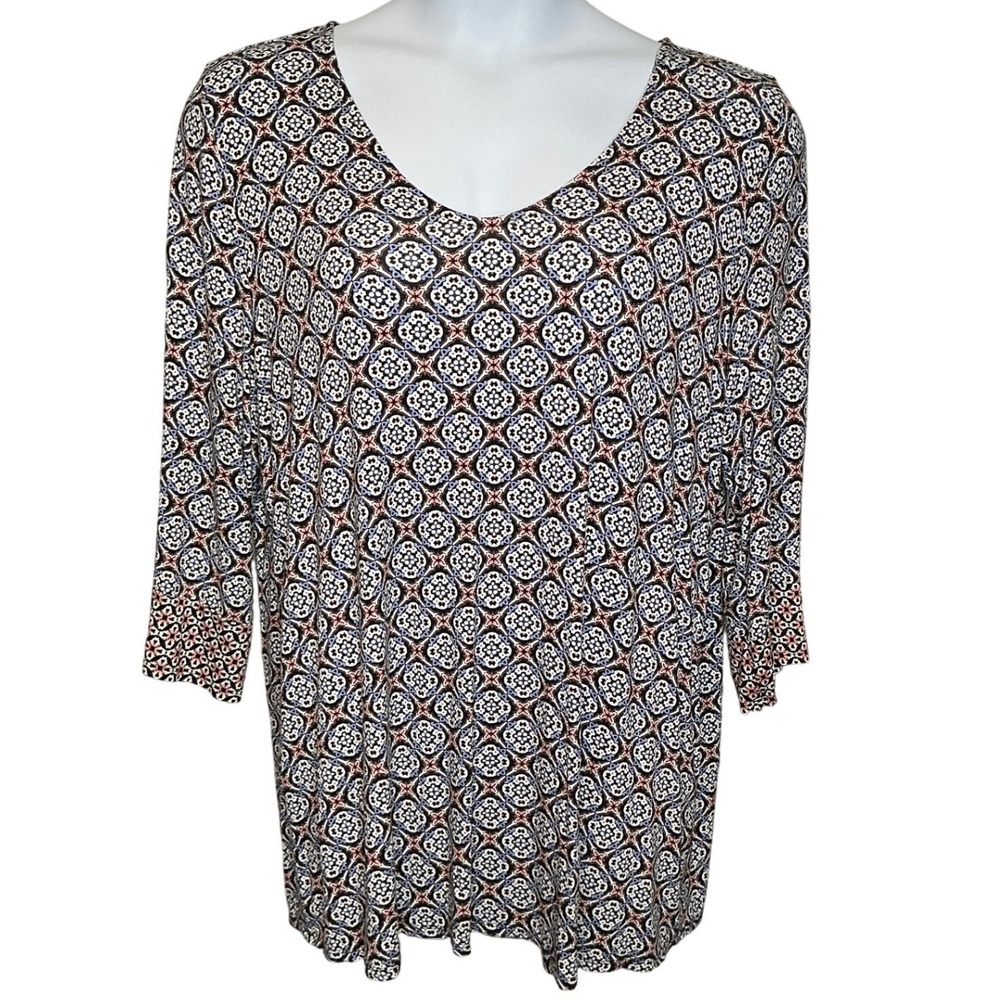 J Jill Wearever Collection Medallion Print Knit Top Sz XL‎ Coastal Casual Travel
